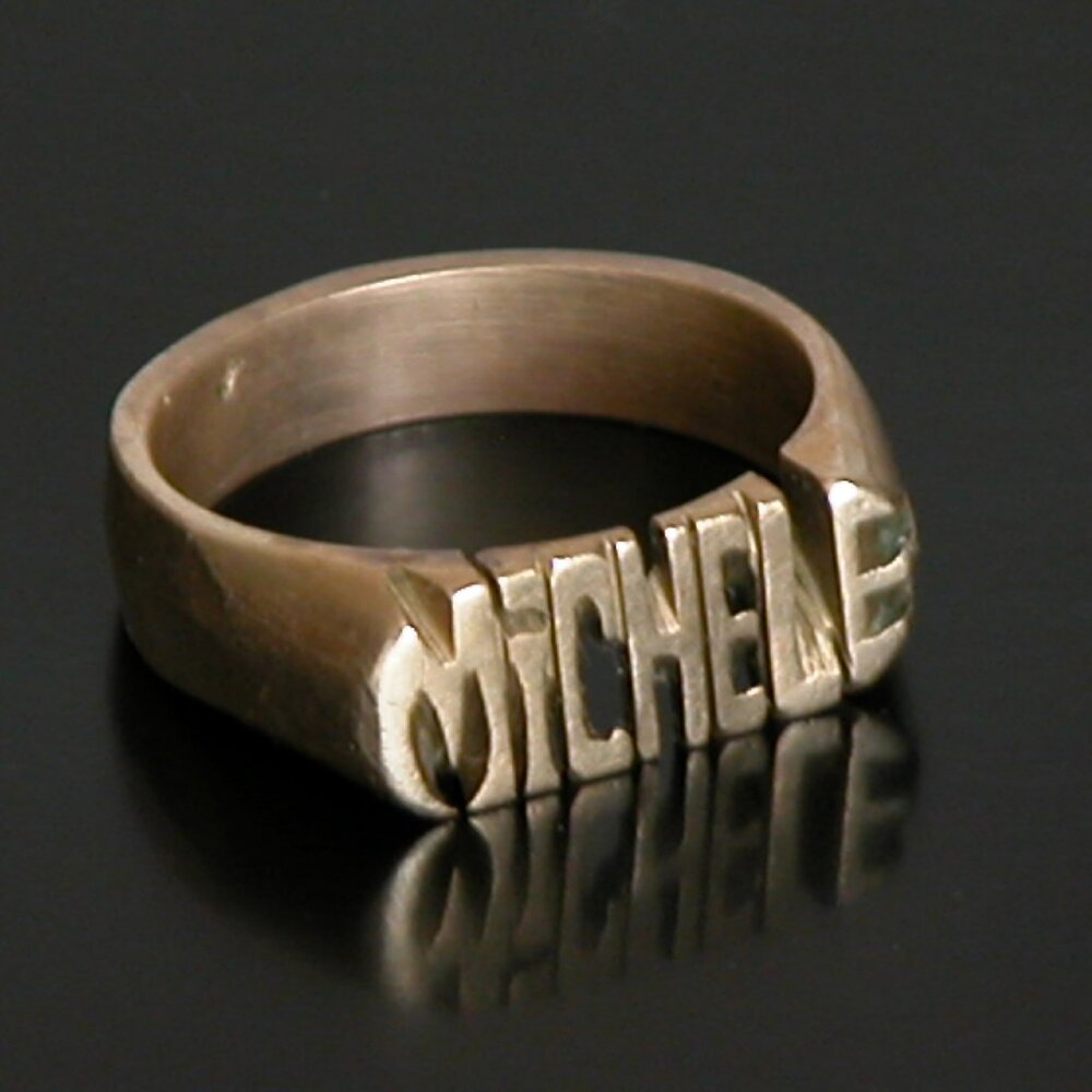 Rare Vtg 1970s Handmade Gold Tone MICHELE Ring Name Sz 7.5